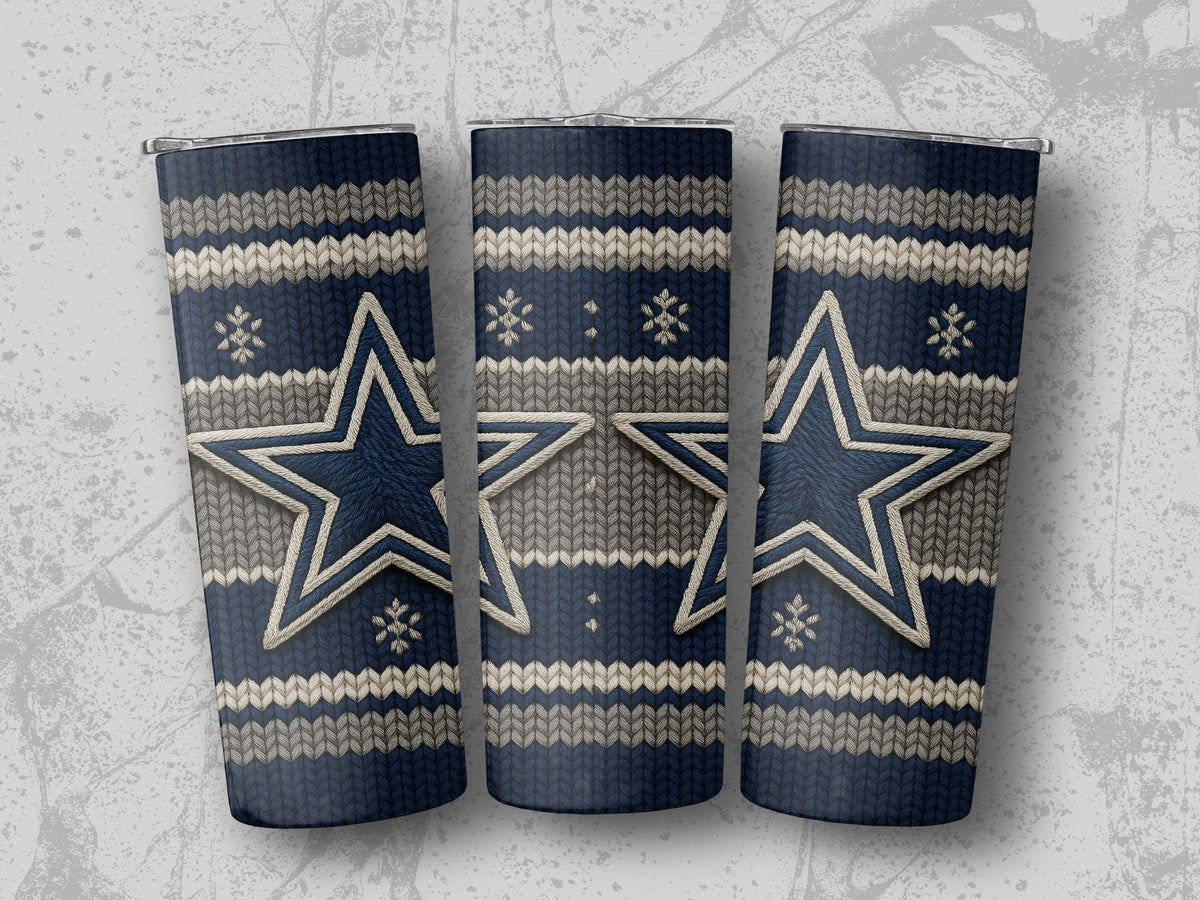 Three tumblers with a blue, grey, and white knit pattern and large stars.