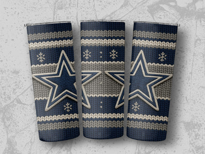 Three tumblers with a blue, grey, and white knit pattern and large stars.