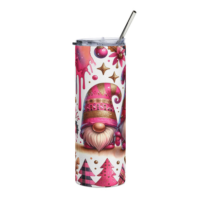 Tumbler with gnomes, pink Christmas trees, and gold stars.