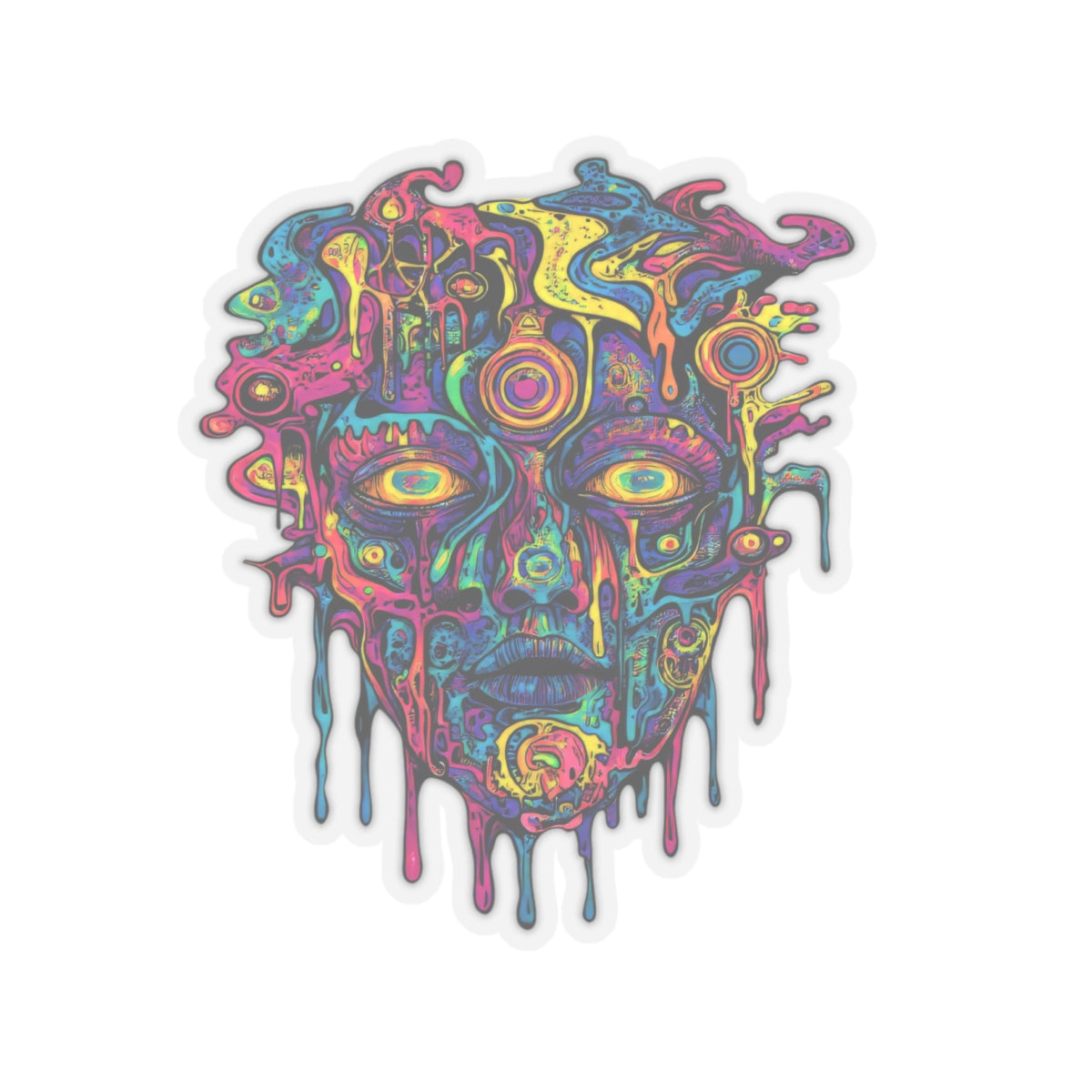 Psychedelic melting face with colorful drips and multiple eyes.