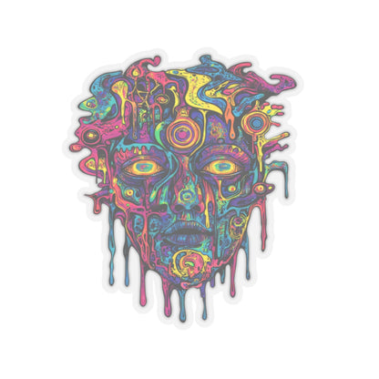 Psychedelic melting face with colorful drips and multiple eyes.