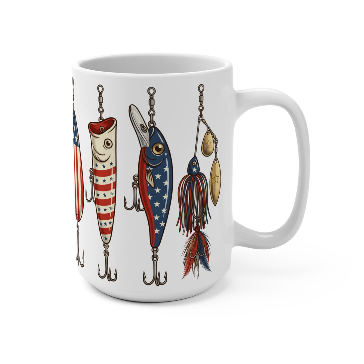 White mug with patriotic fishing lures featuring American flag design and hooks.