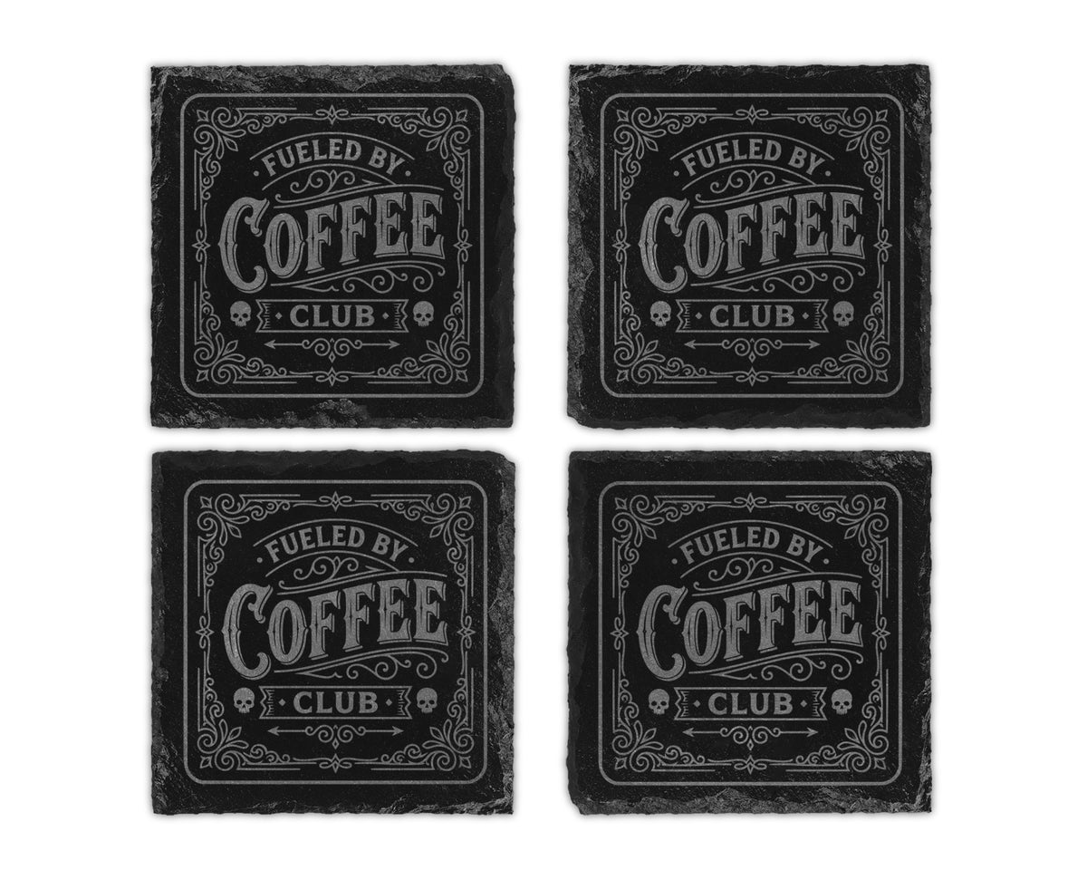 Four slate coasters, each with "Fueled By Coffee Club" and skull graphic.