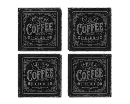 Four slate coasters, each with "Fueled By Coffee Club" and skull graphic.
