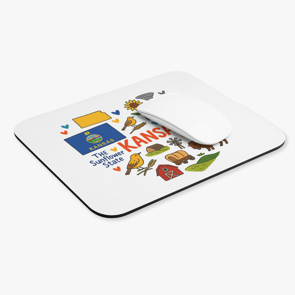 Kansas themed mousepad with state flag, icons, and text "KANSAS THE Sunflower State".