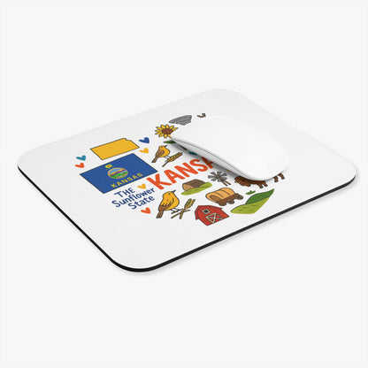 Kansas themed mousepad with state flag, icons, and text "KANSAS THE Sunflower State".