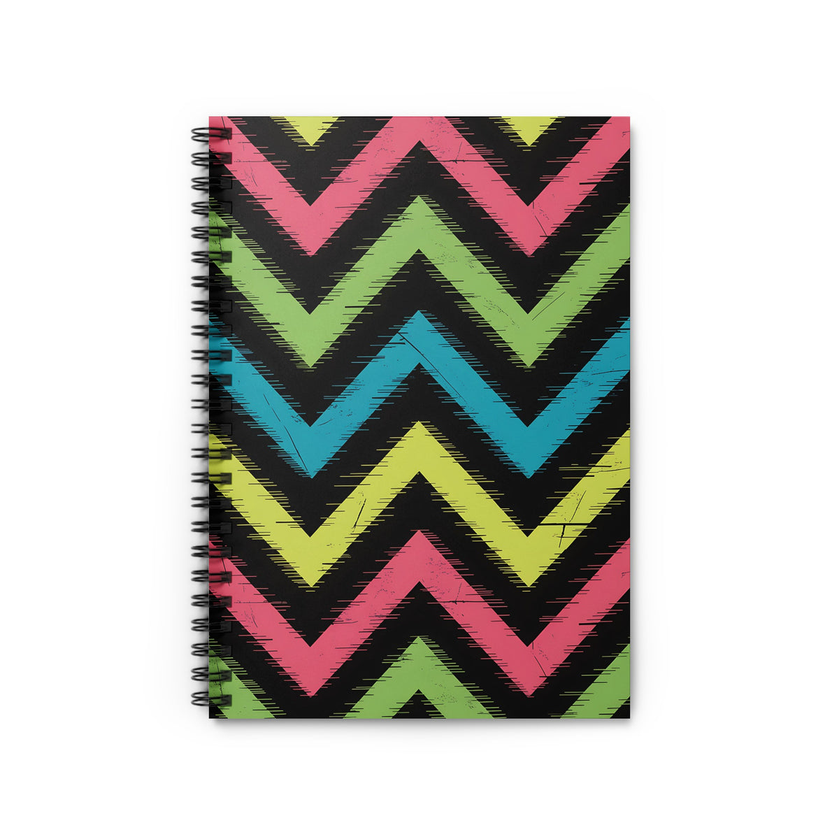 Spiral bound notebook with black background and neon pink, green, and blue chevron pattern.