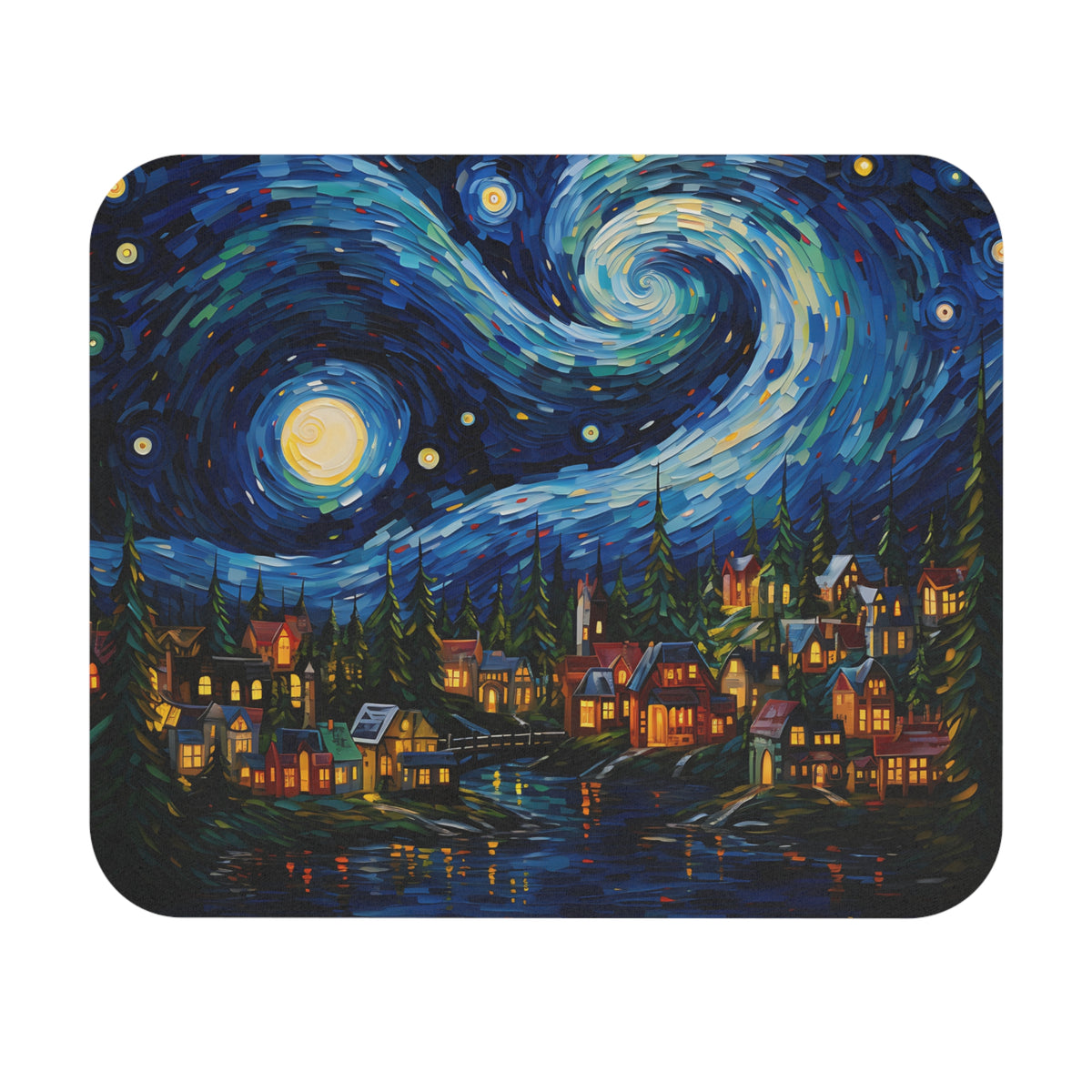 Village scene with starry night sky, full moon, and glowing lights.