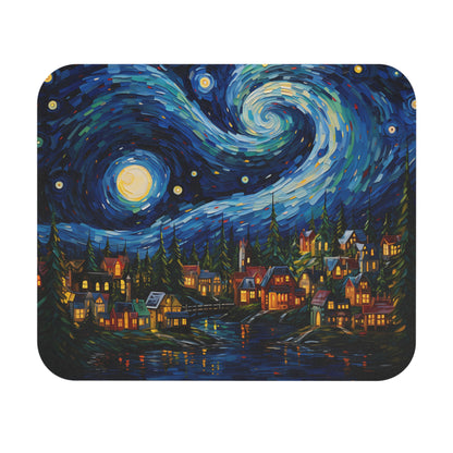 Village scene with starry night sky, full moon, and glowing lights.