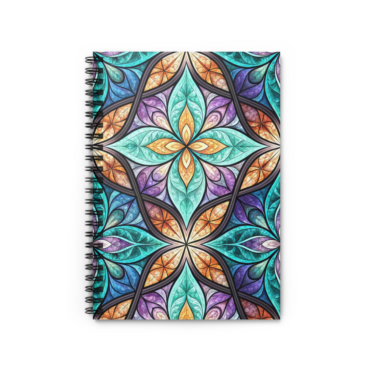 Spiral bound notebook with colorful stained-glass inspired floral pattern cover