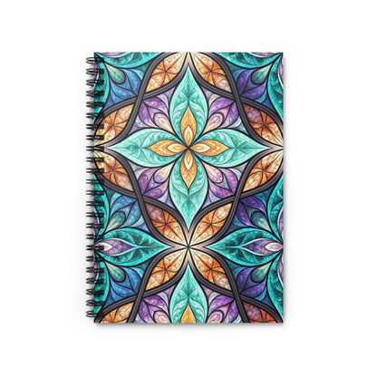 Spiral bound notebook with colorful stained-glass inspired floral pattern cover