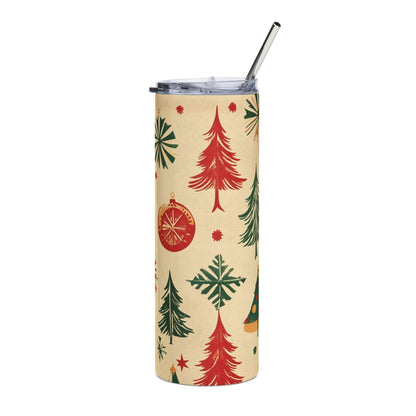 Tall tumbler with a beige background and a pattern of red and green Christmas trees, ornaments, and snowflakes.
