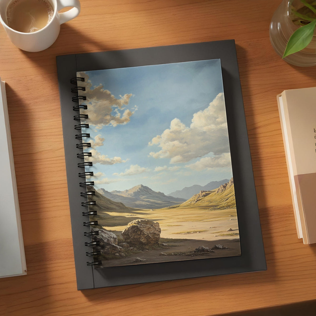 Spiral notebook with a landscape painting of a valley and mountains under a cloudy sky.