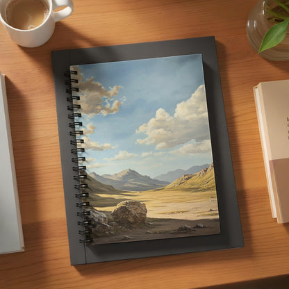Spiral notebook with a landscape painting of a valley and mountains under a cloudy sky.