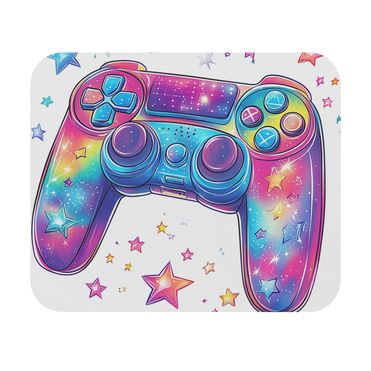 Gaming controller with a vibrant rainbow galaxy and star design.