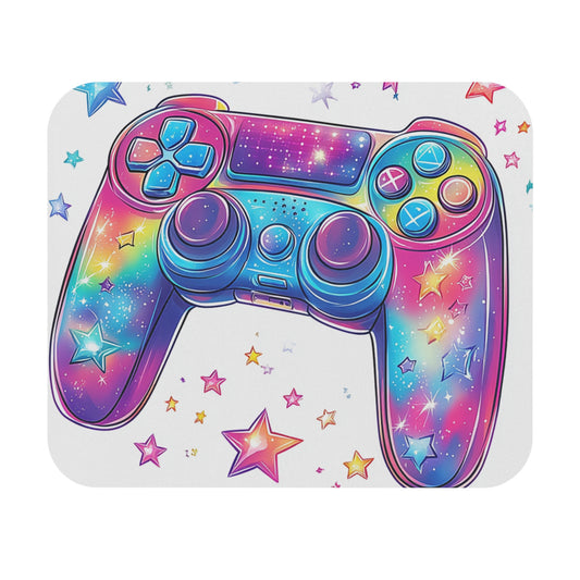 Gaming controller with a vibrant rainbow galaxy and star design.