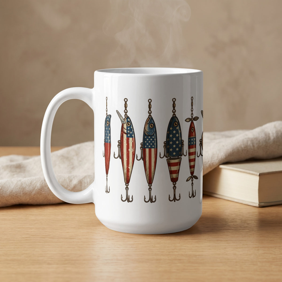 White mug with a row of vintage American flag fishing lures and steaming from the top.