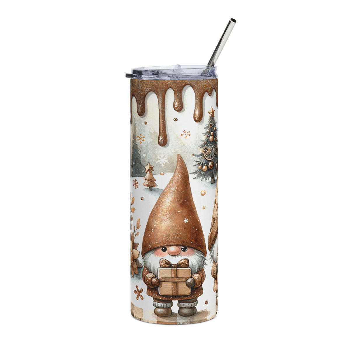 Tumbler with gnome and Christmas tree watercolor design, topped with a straw.