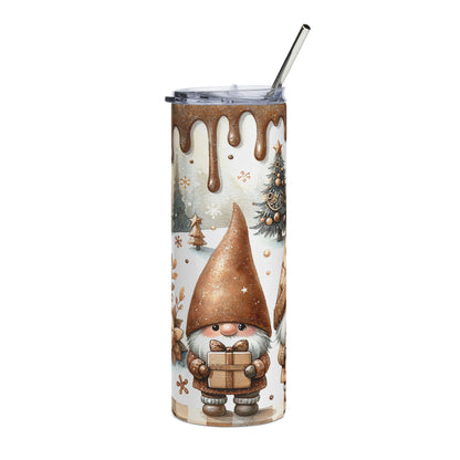 Tumbler with gnome and Christmas tree watercolor design, topped with a straw.