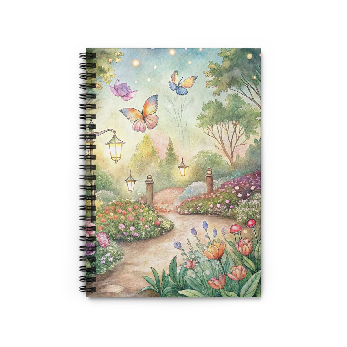Watercolor garden path with butterflies, flowers, and ornate lanterns under twilight sky.