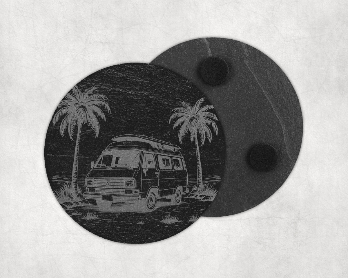 Circular slate coaster etched with a vintage van, palm trees, and a surfboard.