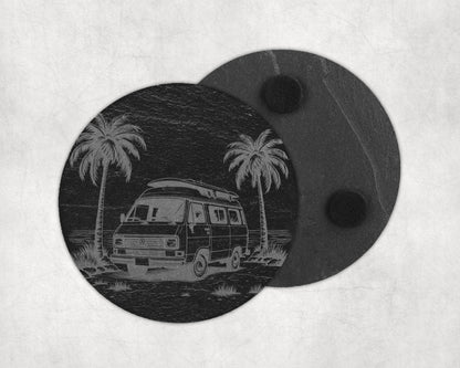 Circular slate coaster etched with a vintage van, palm trees, and a surfboard.