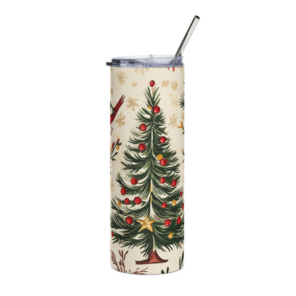 Tumbler with Christmas tree, ornaments, cardinal, and snowflakes design.