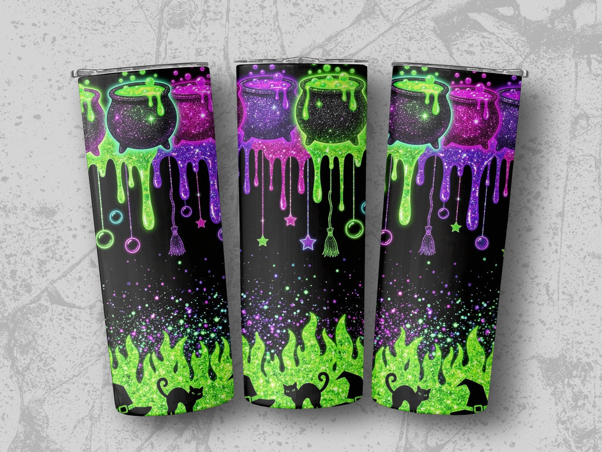 Three tumblers with a Halloween design of cauldrons, dripping goo, and black cats.