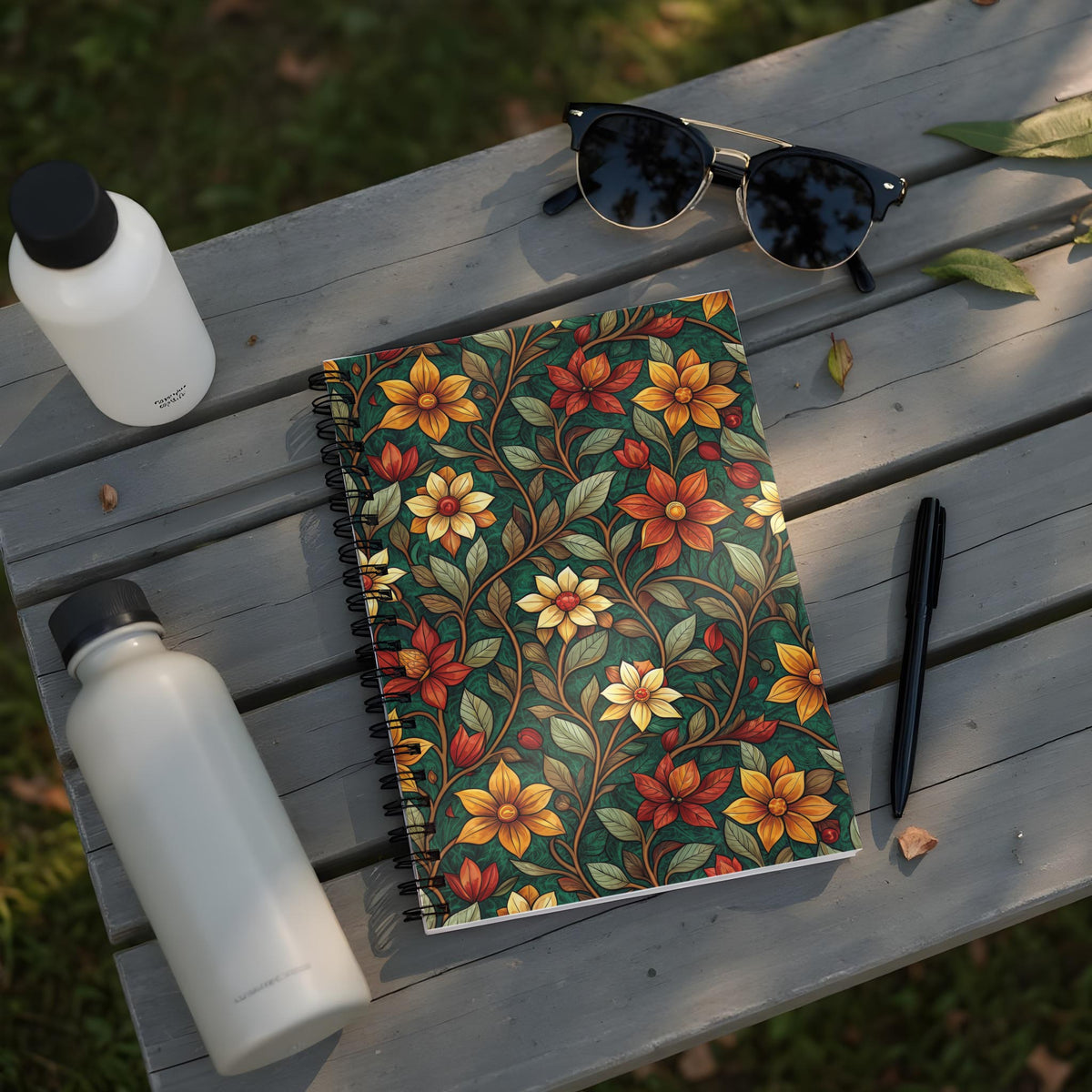 Spiral notebook with floral pattern, two water bottles, sunglasses, and pen on a wooden surface.