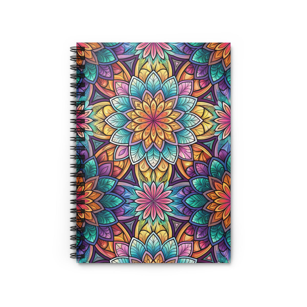 Spiral notebook with colorful mandala pattern cover.