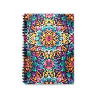Spiral notebook with colorful mandala pattern cover.