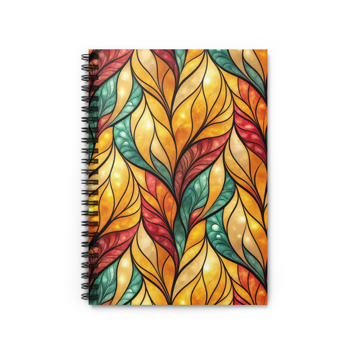 Spiral-bound notebook with a stained-glass-style leaf pattern in red, green, and yellow.