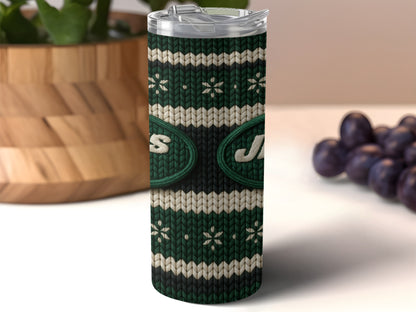 Green, white, and black knit tumbler with New York Jets logo.