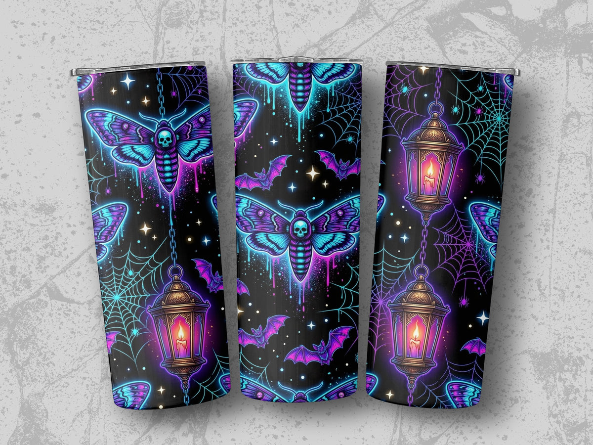 Death moth, lantern, and bat pattern on tumblers with neon glow and cosmic background.