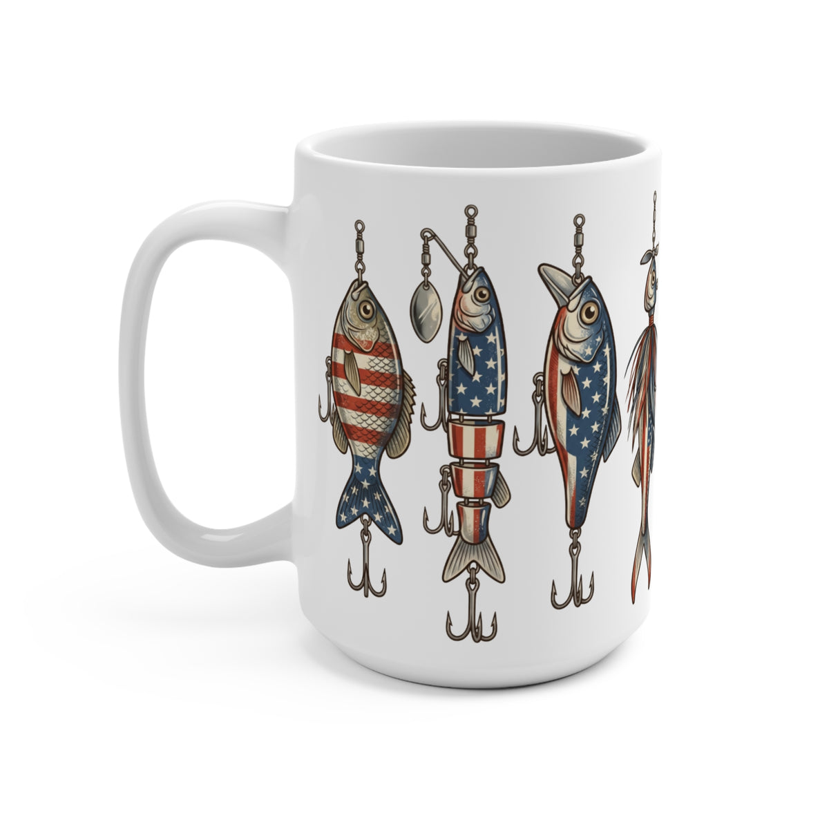 White mug with four American flag patterned fishing lures with hooks.
