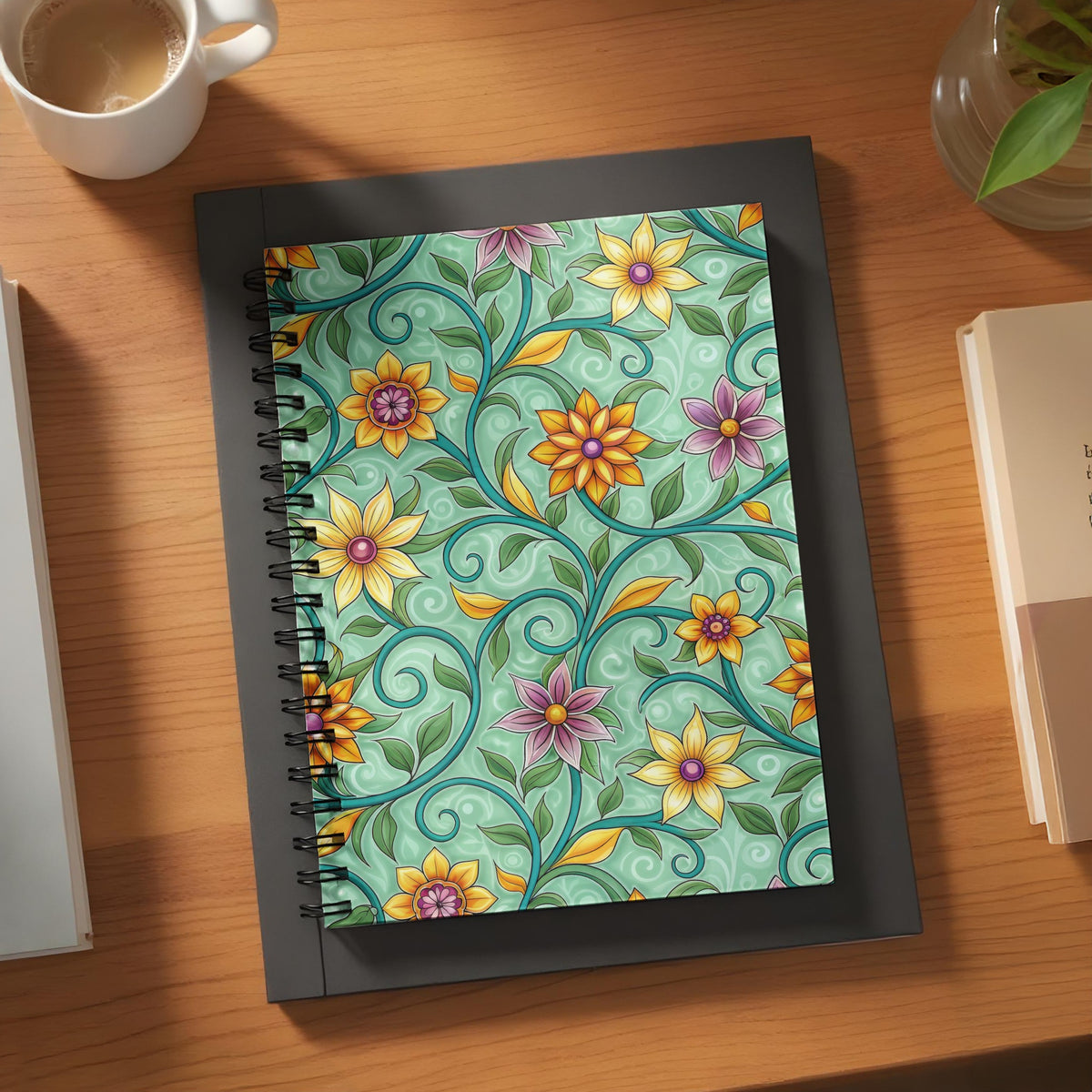 Notebook with a colorful floral pattern on a teal background.