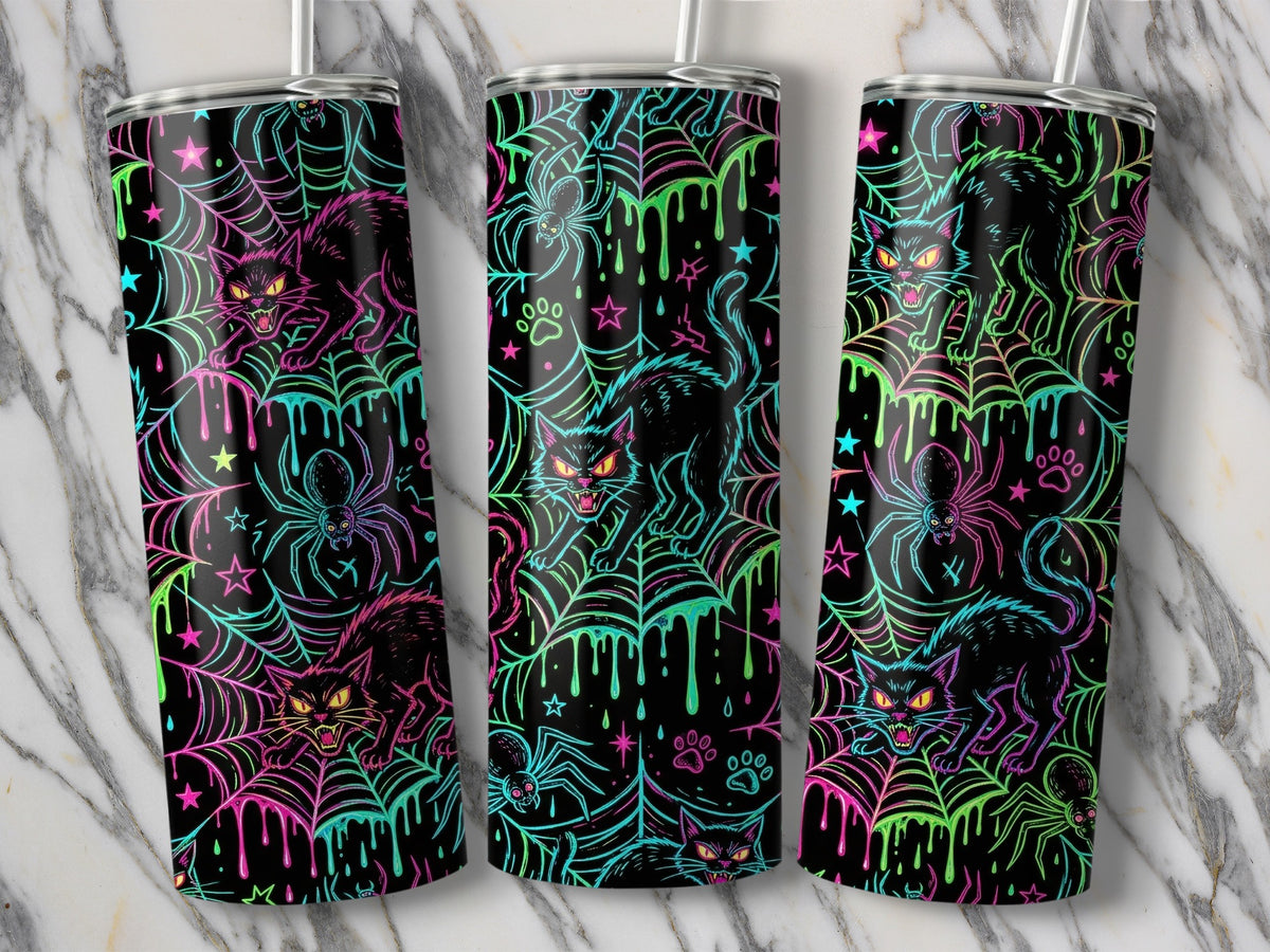 Black tumblers with neon Halloween cats, spiders, and dripping webs design.