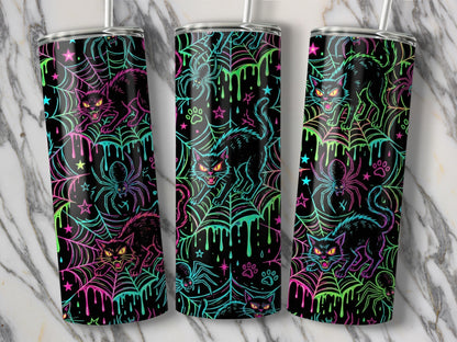 Black tumblers with neon Halloween cats, spiders, and dripping webs design.