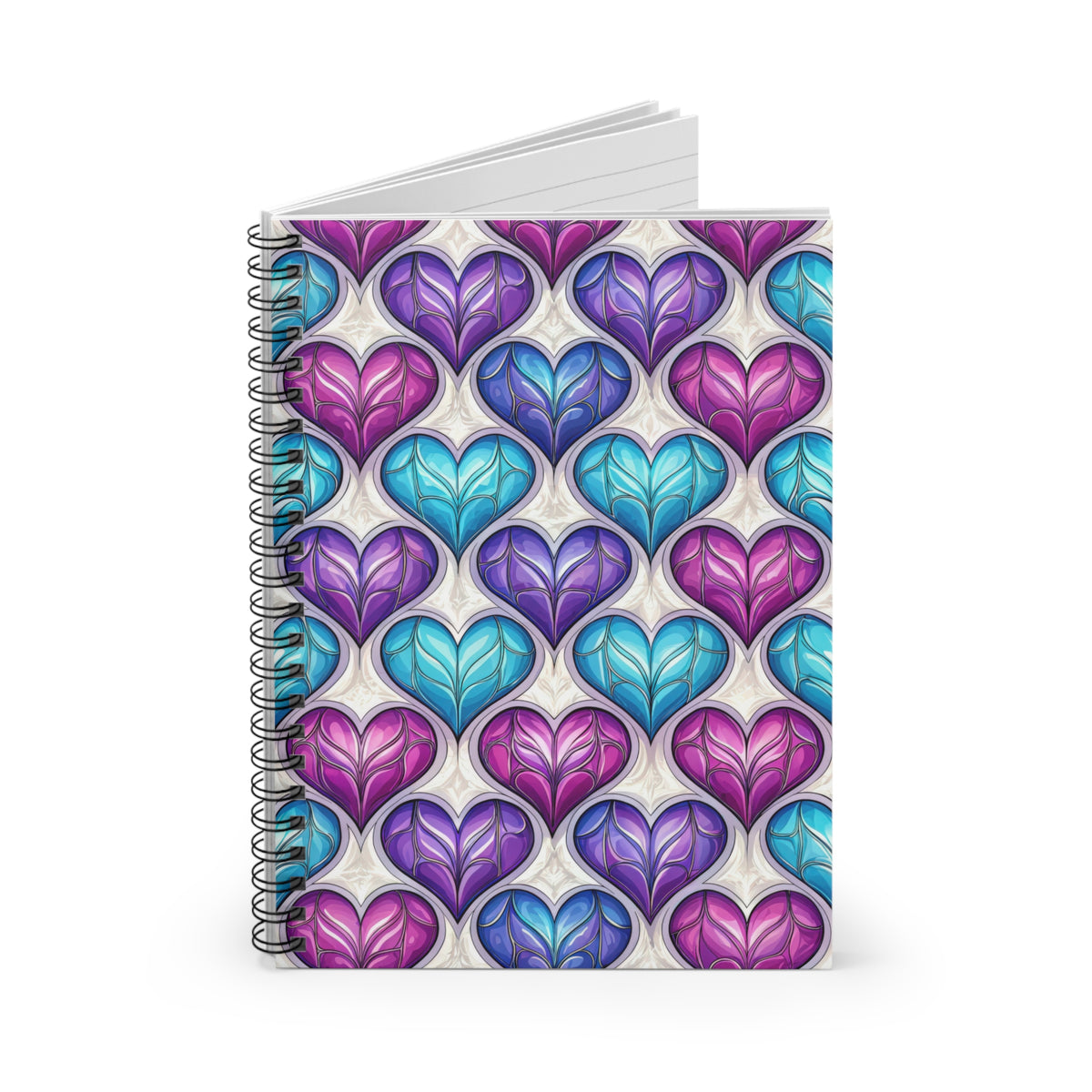 Spiral-bound notebook with a stained-glass heart pattern in pink, purple, and blue.