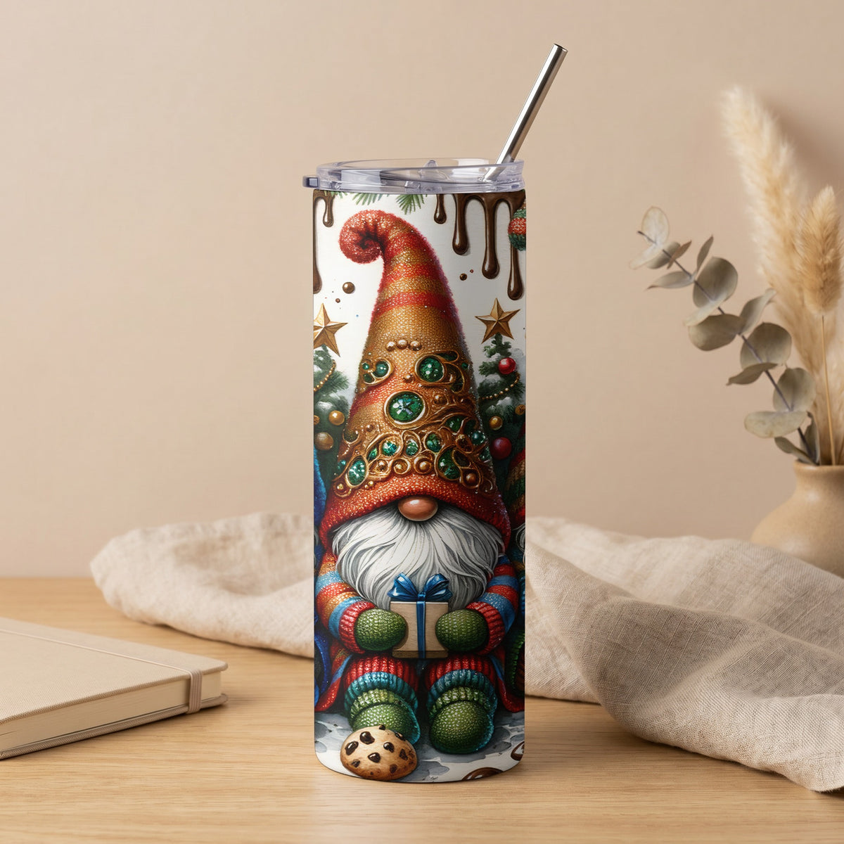 Tumbler with gnome holding gift, Christmas trees, and chocolate drips.