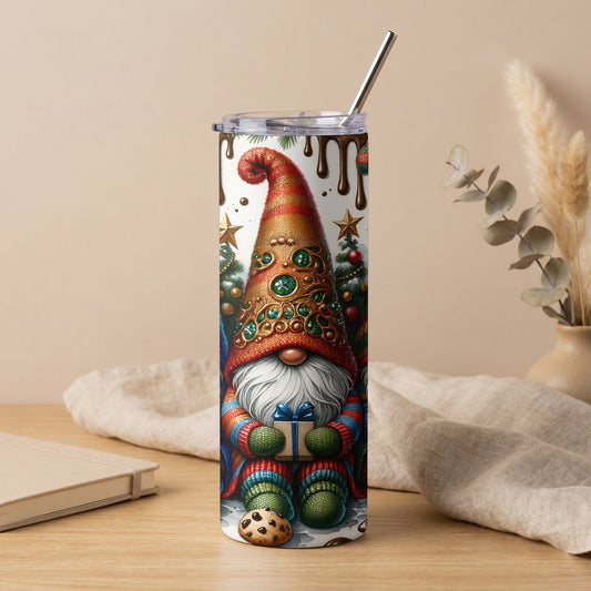 Tumbler with gnome holding gift, Christmas trees, and chocolate drips.