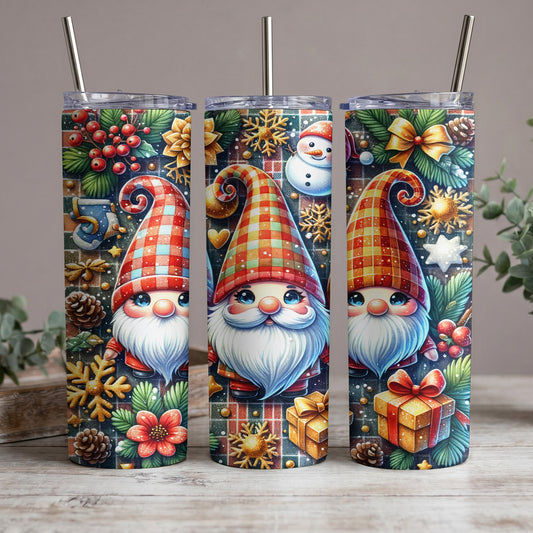 Three tumblers with a Christmas gnome and winter pattern.