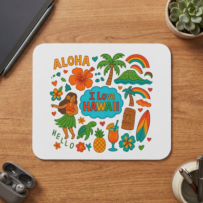Hawaiian-themed illustrations on a mousepad including "Aloha" and "I Love Hawaii".