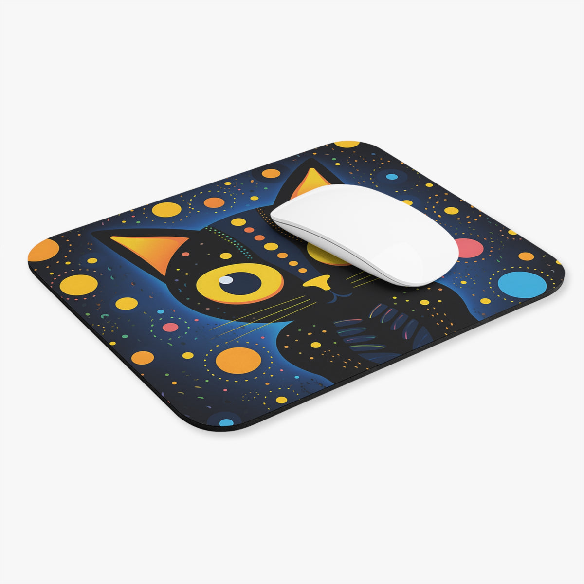 Mousepad with a stylized black cat and colorful polka dots on a dark blue background.