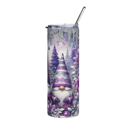 Purple gnome and winter forest scene on a tall tumbler with a metal straw.
