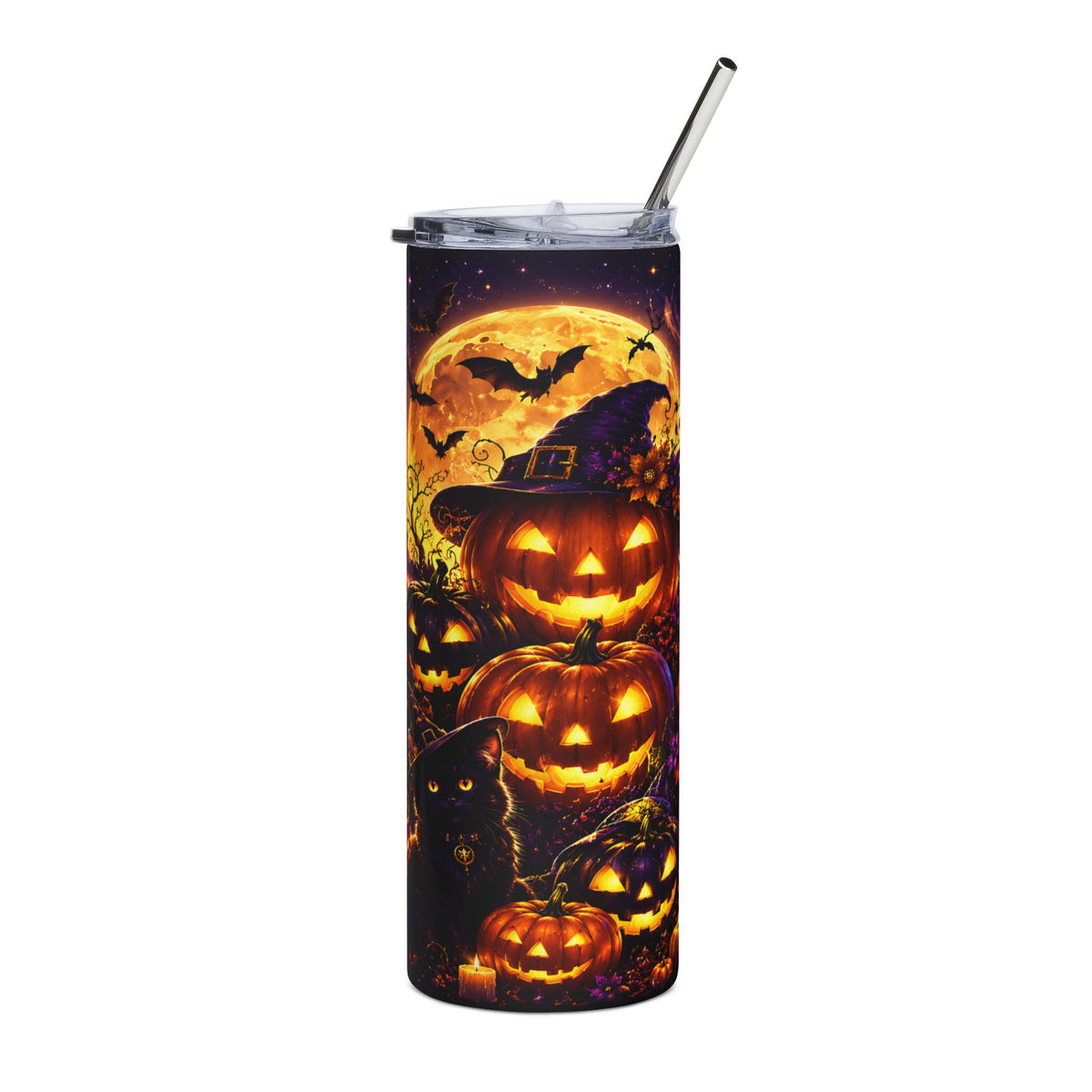 Tumbler with Halloween theme: jack-o'-lanterns, black cat, bats, moon, and witch hat.