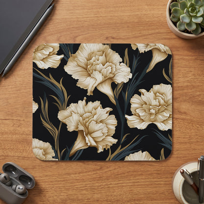 Mousepad with a vintage floral pattern of light yellow carnations on a black background.