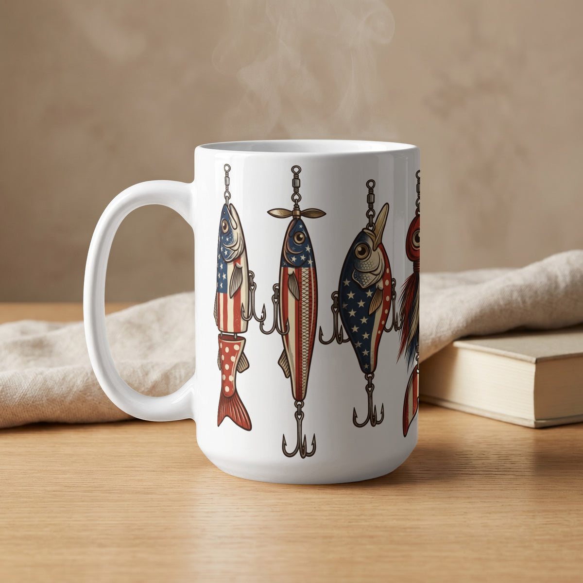 White mug with American flag fish lures and steam rising.