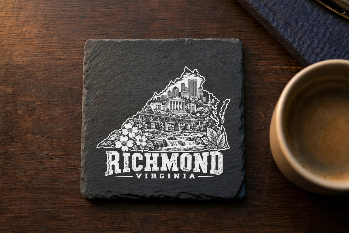 A square black slate coaster engraved with a white design of the state of Virginia, featuring Richmond landmarks and text.