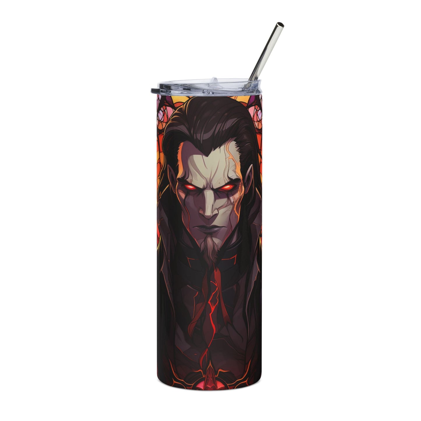 Dark vampire portrait on a tumbler with a metal straw and lid.